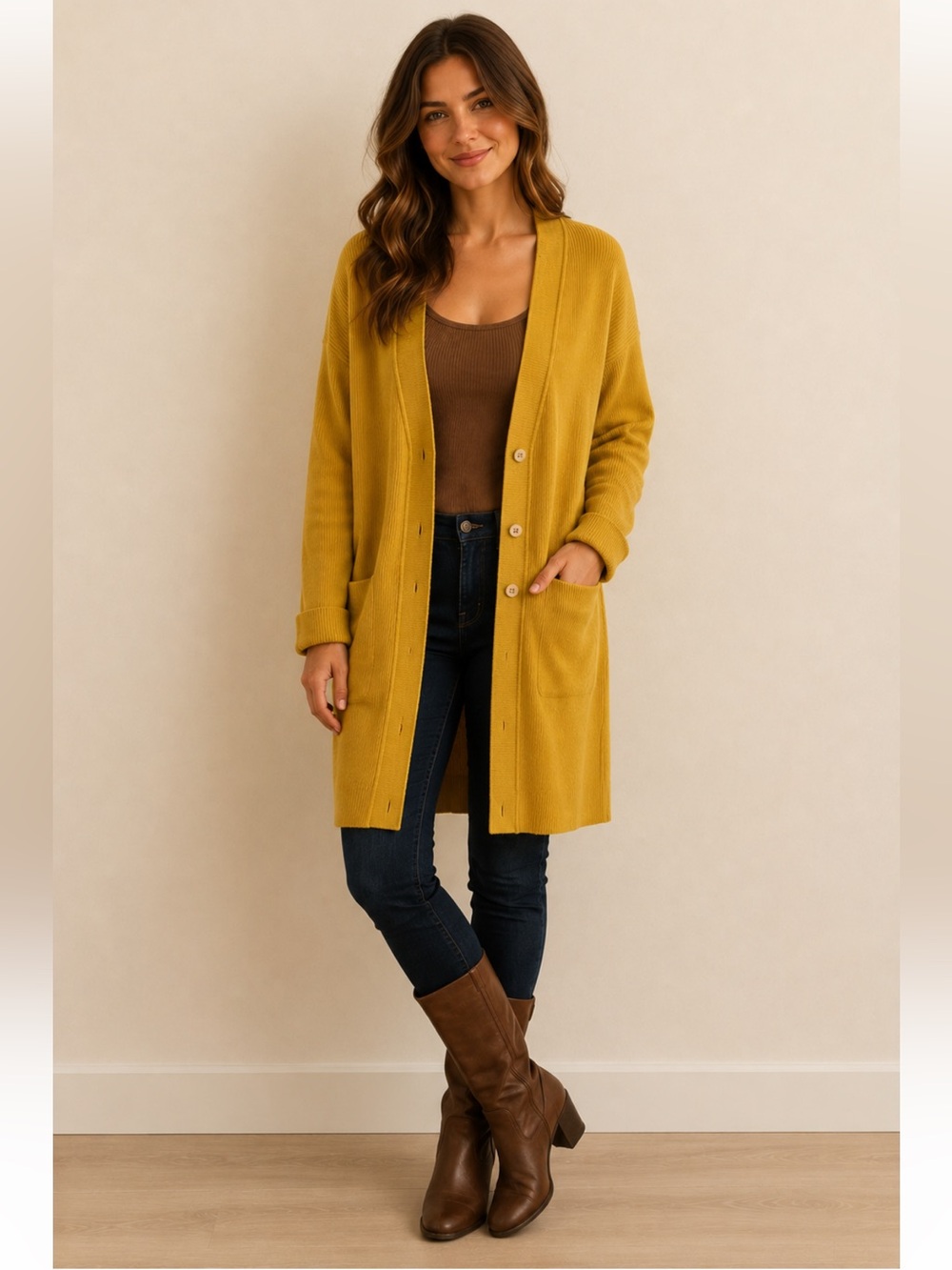 Free People Boho Cozy Cottageware Long V-Neck Button Cardigan Mustard Yellow